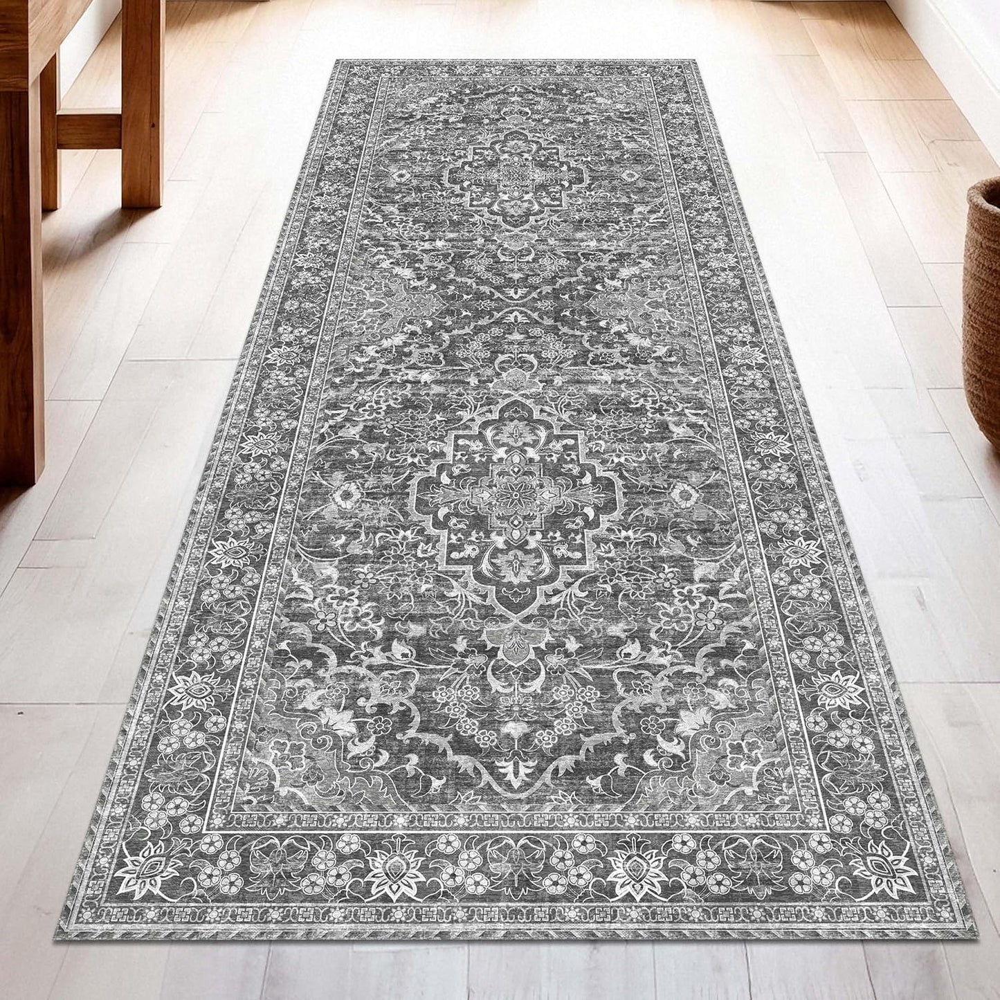 Washable Runner Rug 2.5x8 | Non Slip Rug Runners for Hallways, Entryways, Kitchens, Bathrooms, Bedrooms | Ultra-Soft Flannel Carpet Runners with Rubber Backing (Dark Grey, 2.5x8)