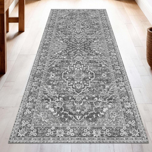 Washable Runner Rug 2.5x8 | Non Slip Rug Runners for Hallways, Entryways, Kitchens, Bathrooms, Bedrooms | Ultra-Soft Flannel Carpet Runners with Rubber Backing (Dark Grey, 2.5x8)