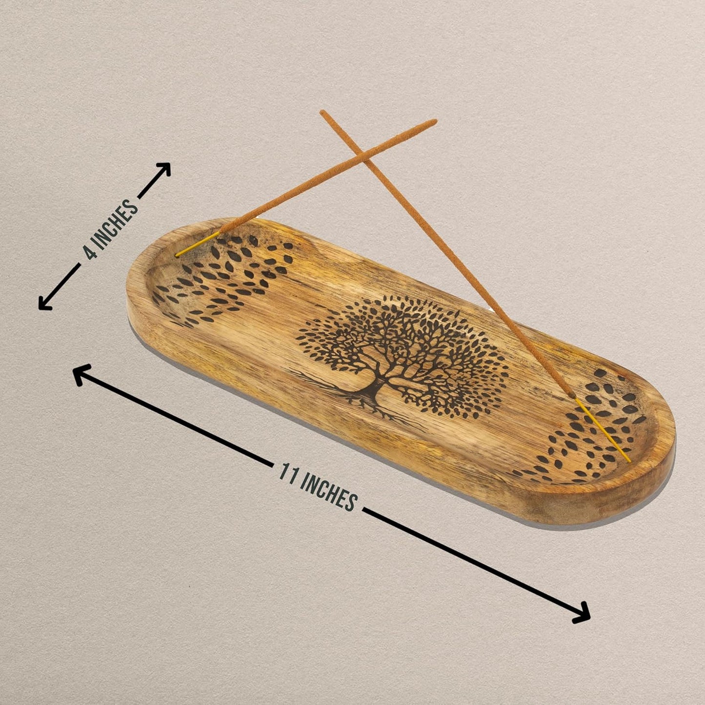 Incense Holder for Sticks Hand Carved - Tree of Life - Incense Burner/Ash Catcher- Handmade Wooden Insence Tray – Modern Gift Home/Room/Kitchen Décor 11x4x1.5 Inch