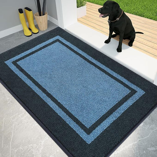 PURRUGS Dirt Trapping Door Mat 34" x 60", Non-Slip/Skid Machine Washable Entryway Rug, Shoes Scraper, Area Rug, Super Absorbent Welcome Mat for Muddy Wet Shoes and Paws, Light Blue & Navy