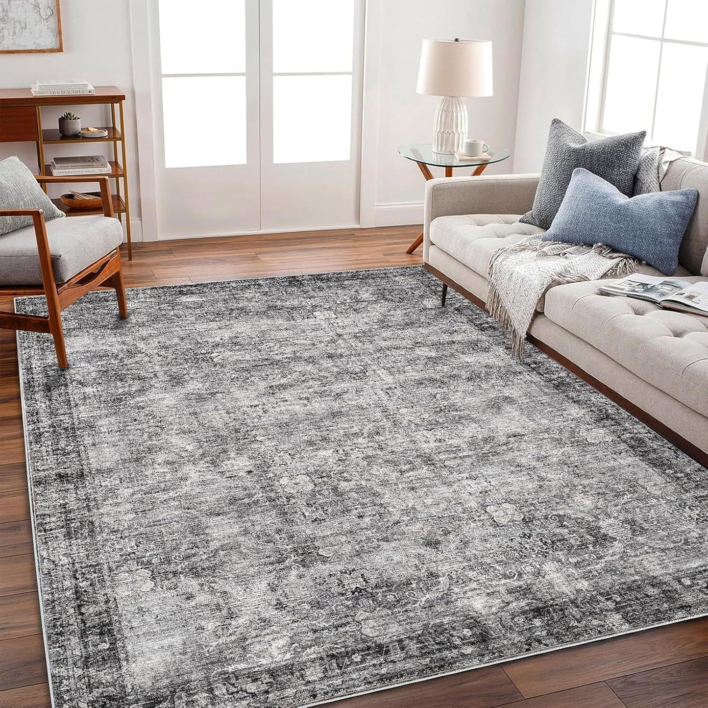 Area Rug 6'x9' Washable Vintage Traditional Floor Cover Thin Retro Kitchen Indoor Distressed Non Slip Carpet for Living Room Bedroom Dining Room