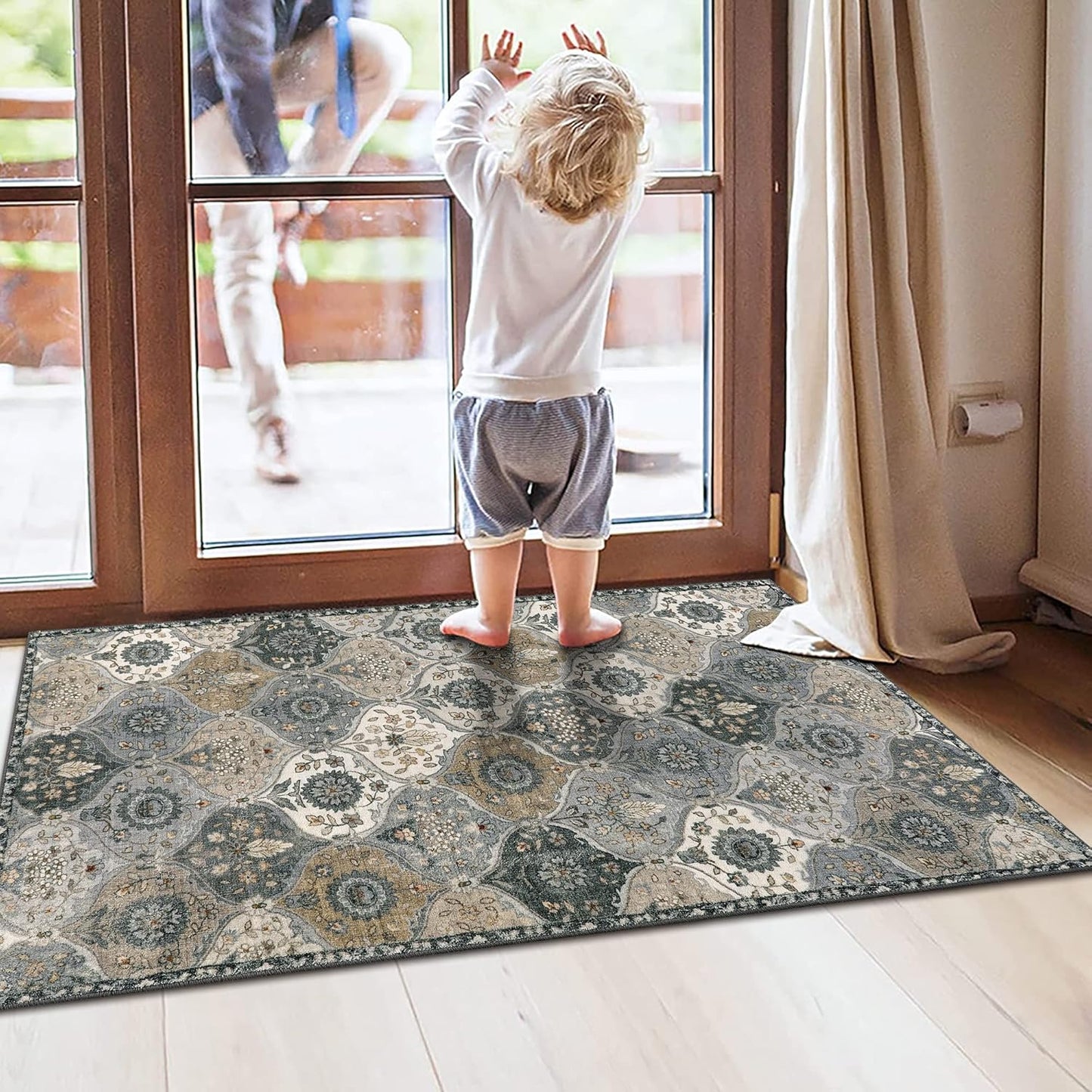 Lahome Moroccan Trellis Small Area Rug, 2x4 Rugs for Entryway Non-Slip Vintage Ultra-Thin Washable Indoor Door Mat Distressed Throw Carpet for Bathroom Kitchen Bedroom, Grey