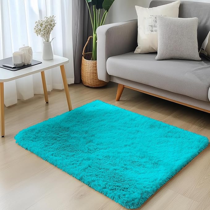 OLANLY 2x3 Machine Washable Small Bedside Rug, Soft Fluffy Shaggy Entryway Throw Rugs for Bedroom, Living Room, Indoor Floor Carpet for Kids Girls Boys, Nursery Rooms, Home Decor Aesthetic, Teal Blue
