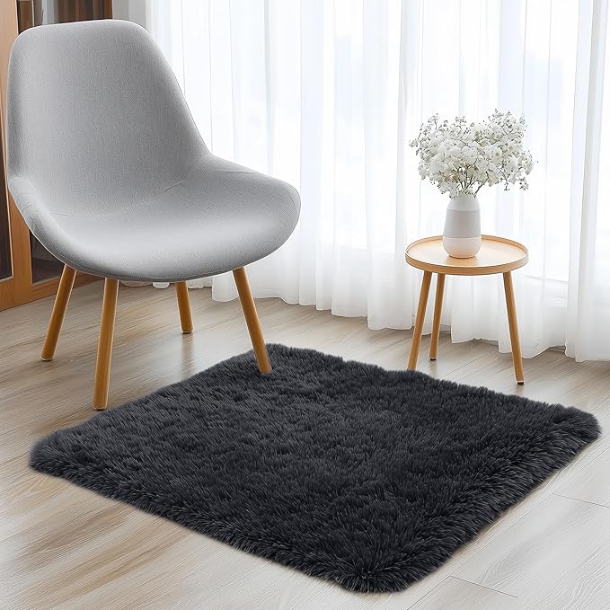 OLANLY 2x3 Machine Washable Small Bedside Rug, Soft Fluffy Shaggy Entryway Throw Rugs for Bedroom, Living Room, Indoor Floor Carpet for Kids Girls and Boys, Nursery Rooms, Home Decor Aesthetic, Black