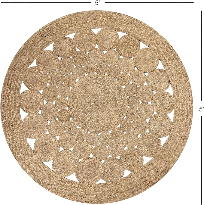 REDEARTH · Round Area Rug - 5 Feet Braided Scalloped Abaca Embrace Natural Jute Rug- Artisan Made Boho Jute Patterned Rugs for Bedroom, Kitchen, Living Room, Farmhouse, Handmade Vintage Décor