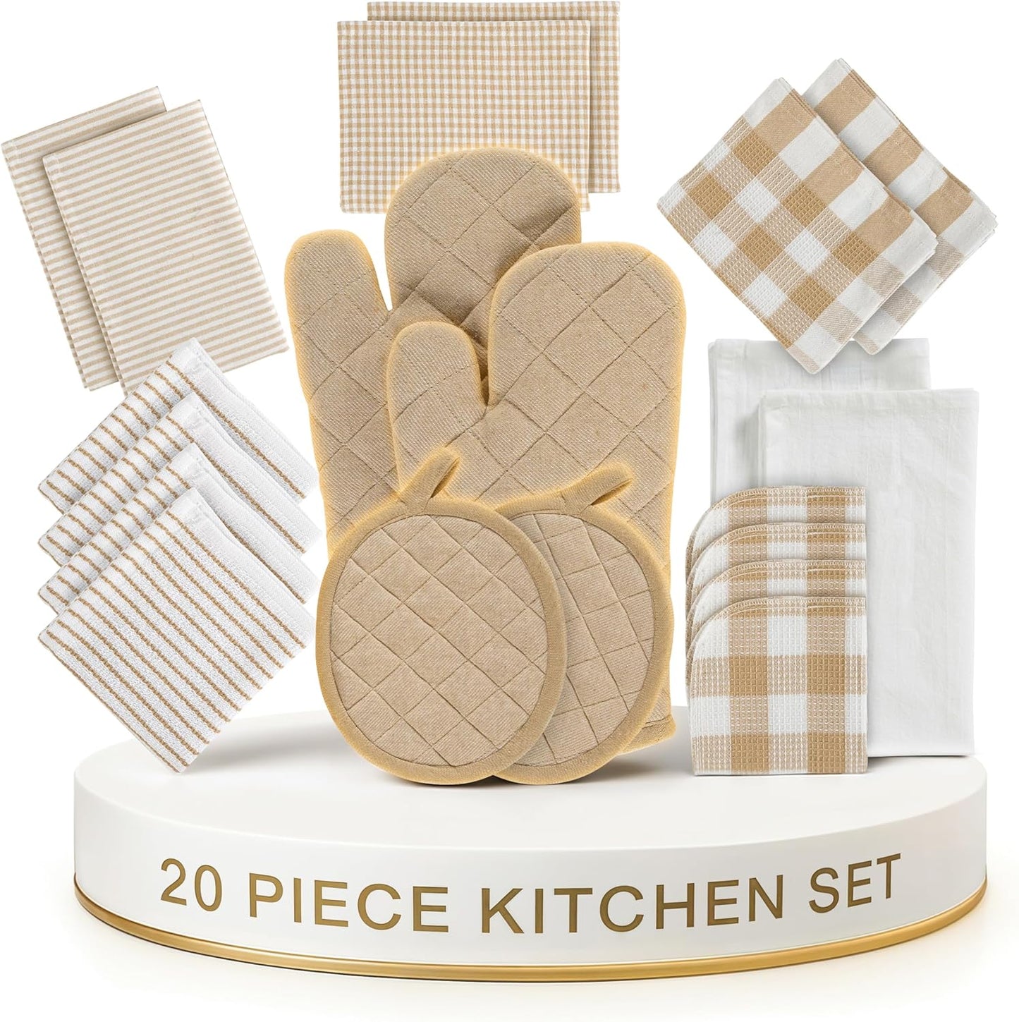 LANE LINEN 20 Piece Kitchen Dish Cloths Set - 100% Cotton Dish Towels, Heat Resistant Kitchen Mittens and Pot Holder Set, Reusable Dish Rags for Washing Dishes, Absorbent Dish Towels- Beige