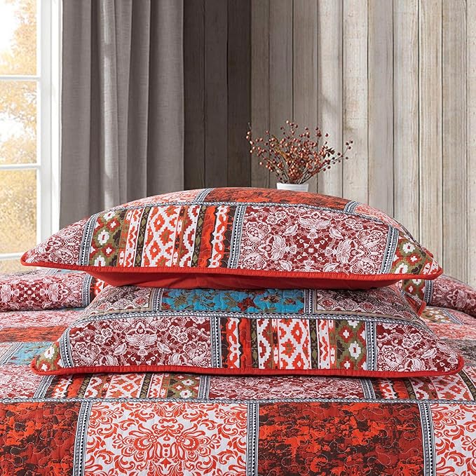 NEWLAKE Cotton Bedspread Quilt Sets-Reversible Patchwork Coverlet Set, Mediterranean Classic Bohemian Pattern,King Size
