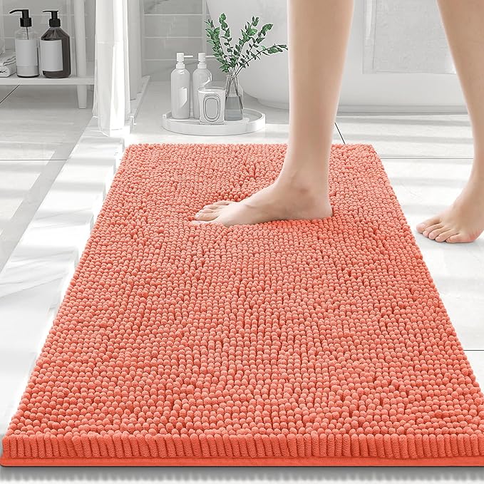 Smiry Luxury Chenille Bathroom Rugs 30x20, Extra Soft and Absorbent Shaggy Bath Mat, Machine Washable, Non-Slip Plush Carpet Runner for Tub, Shower, and Floor, Home Decor Accessories, Coral
