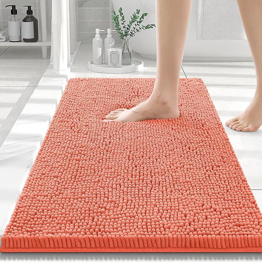 Smiry Luxury Chenille Bathroom Rugs 30x20, Extra Soft and Absorbent Shaggy Bath Mat, Machine Washable, Non-Slip Plush Carpet Runner for Tub, Shower, and Floor, Home Decor Accessories, Coral