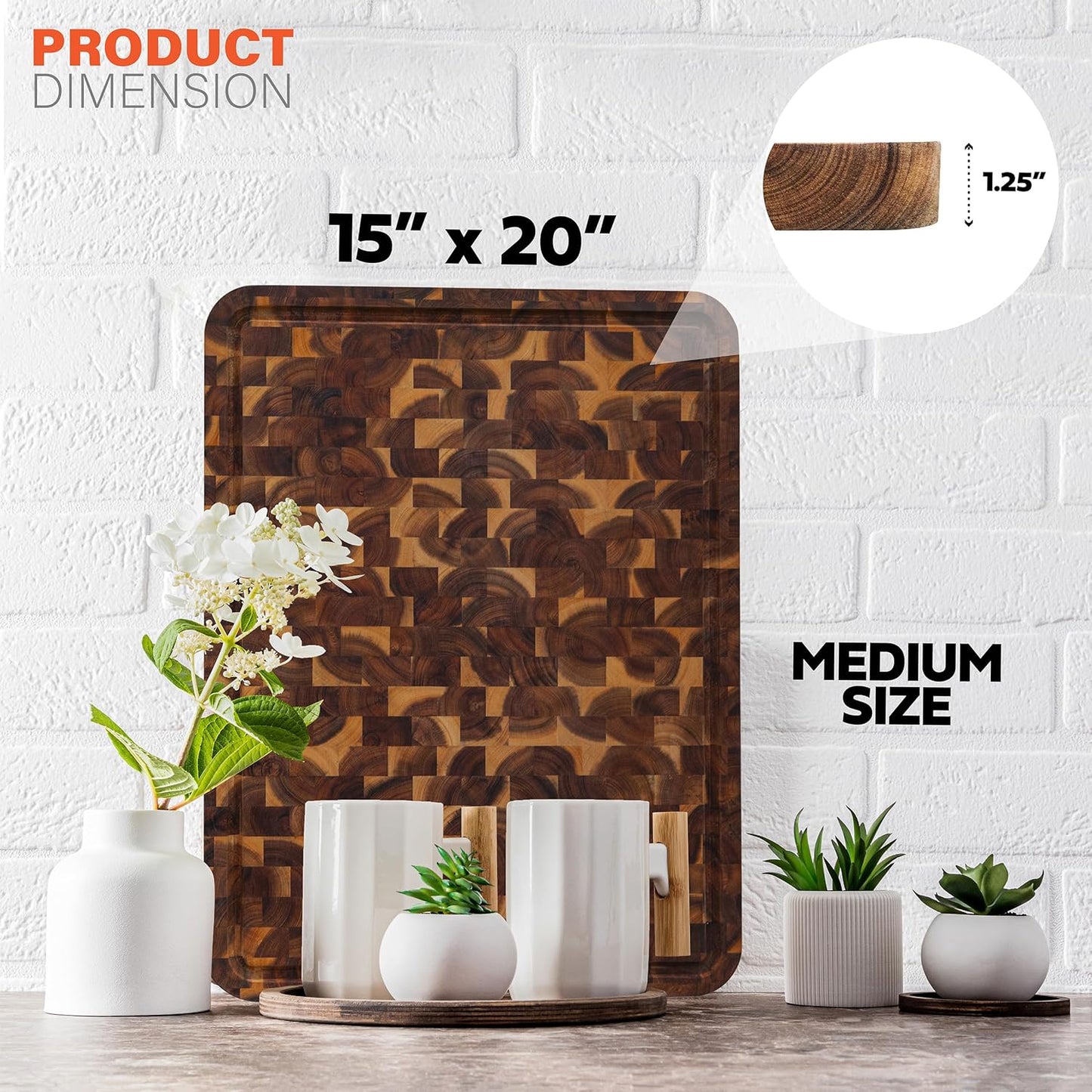 HOMESTEAD End Grain Acacia Wood Cutting Boards 20x15x1.25 – Butcher Block Chopping Board with Sorting Compartment, Juice Grooves & Handles – Non-Toxic Kitchen Board for Food Prep, Home Decor