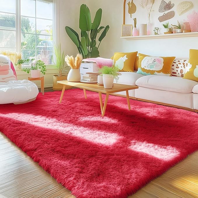 OLANLY Area Rugs for Living Room Bedroom, Machine Washable 4x5.9 ft Soft Fluffy Shaggy Bedside Rug, Indoor Floor Carpet for Kids Girls and Boys, Dorms, Nursery Rooms, Home Decor Aesthetic, Red