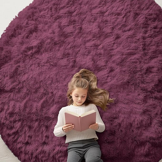 OLANLY Burgundy Round Rugs for Bedroom - Machine Washable, 8 ft Circle Area Rugs for Living Room, Soft and Fluffy Shaggy Carpet for Teen Girls and Boys, Nursery Rooms, Dorms, Home Decor Aesthetic