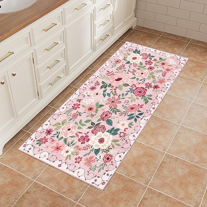 DUKINO 2x4 Rug for Entryway, Washable Kitchen Floral Runner Rug with Non Slip Backing, Low Pile Soft Boho Carpet for Kitchen, Hallway, Entryway, Laundry, Bedroom, Pink