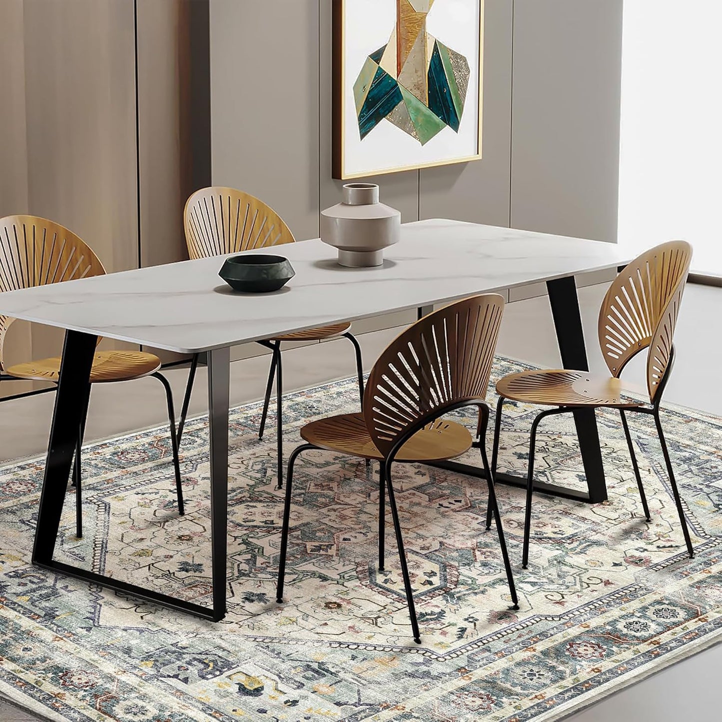 Area Rug 5'x7' Cyan Khaki Washable Vintage Traditional Floor Cover Thin Retro Kitchen Indoor Distressed Non Slip Carpet for Living Room Bedroom Dining Room