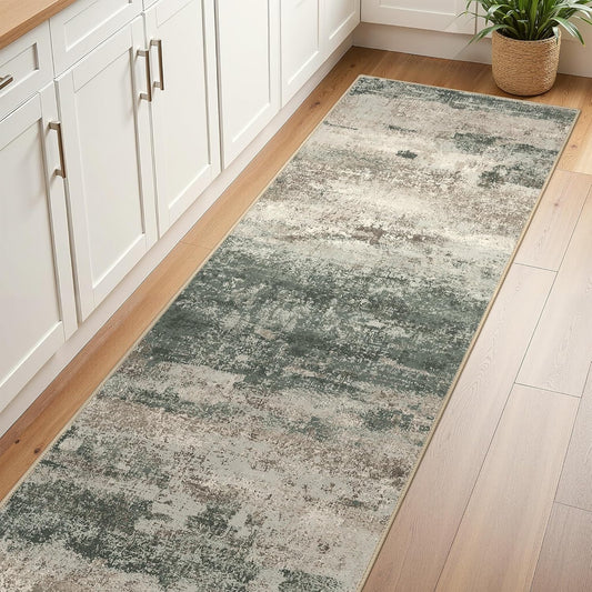 Runner Rug for Hallway Kitchen, 2x12 Machine Washable Runners Rug for Entryway, Soft Modern Abstract Throw Rugs, Low Pile Floor Cover with Non Slip Backing, Muted Green/Beige