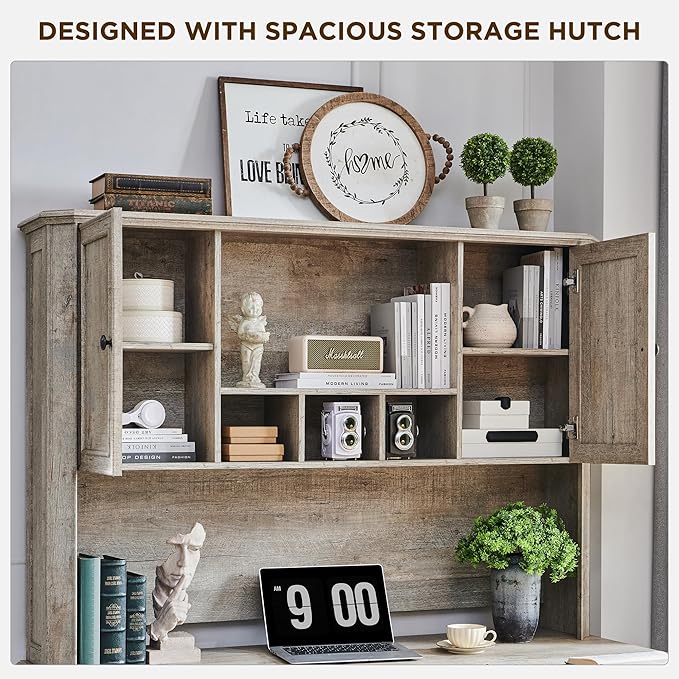 T4TREAM 59" Farmhouse Executive Desk with Hutch,Wood Home Office Computer Desk, Featuring Keyboard Tray,Charging Station,File Drawer, Storage Cabinet,for Work and Study (Light Rustic Oak)