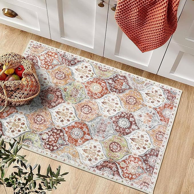Lahome Moroccan Trellis Washable Orange Rug, 2x3 Entryway Rugs for Kitchen Bathroom, Non-Slip Indoor Door Mat Ultra-Thin, Small Throw Carpet for Bedroom Entry, Orange/Terracotta