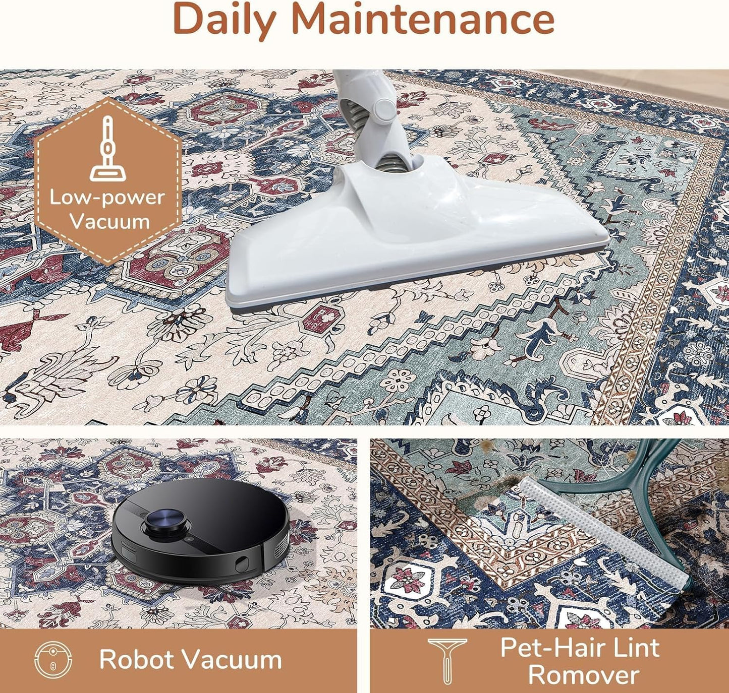 OPPODREAM Soft Entryway Rug 2x10, 2x10 Rug Runner, Washable Hallways Carpet 2 x 10 with Non Slip Backing, Low-Pile Bedside Carpet 2 x 10, Long, Faux Cashmere, Navy Blue & Red & Cream