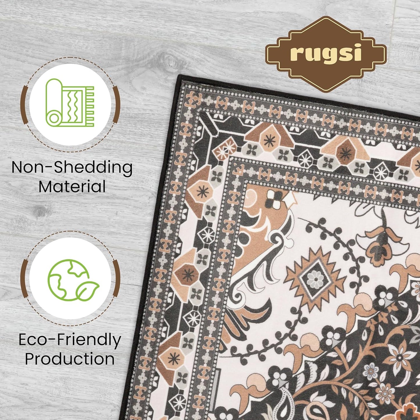 Washable Area Rug 5x8 | Non Slip Area Rug for Living Room, Bedrooms, Dining Room | Ultra-Soft Flannel Carpet Area with Rubber Backing (Black Brown Cream, 5x8)
