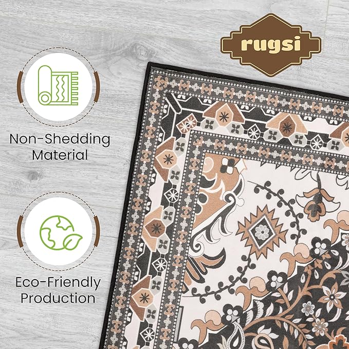Washable Runner Rug 2x6 | Non Slip Rug Runners for Hallways, Entryways, Kitchens, Bathrooms, Bedrooms | Ultra-Soft Flannel Carpet Runners with Rubber Backing (Black Brown Cream, 2x6)