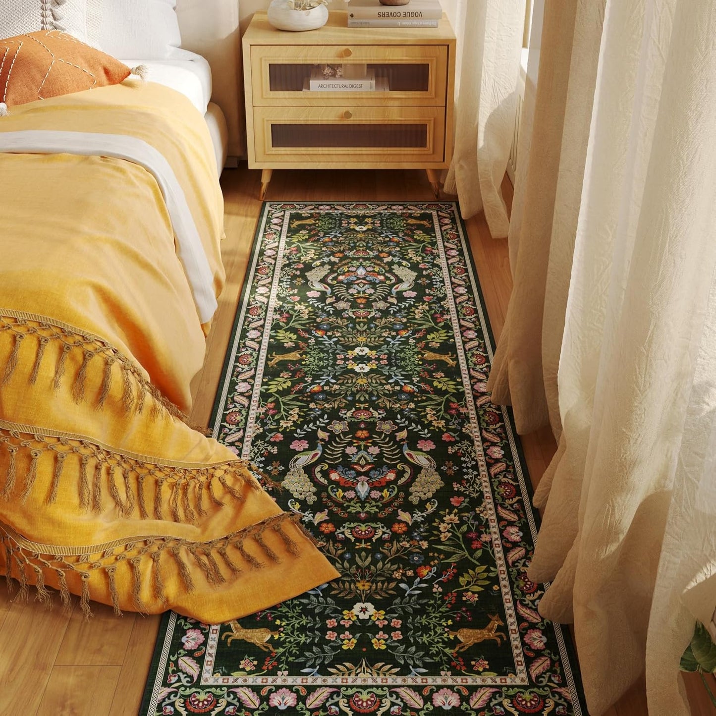 Runner Rug Washable Kitchen 2'x6' Floral Non-Slip for Entryway Indoor Soft Carpet Runner for Hallways, Kitchen, Laundry, Bedroom, Bathroom (Emerald Green)