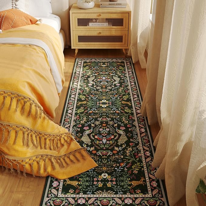 Runner Rug Washable Kitchen Runner 2'6''x8' Rug for Entryway Indoor Floral Non-Slip Soft Carpet for Hallways, Kitchen, Laundry, Bedroom, Bathroom (Emerald Green)