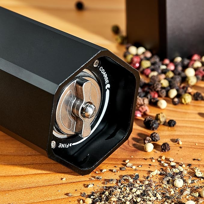 HexClad HexMill Pepper Grinder, Professional Grade Heavy Duty, Refillable, Aluminum Matte Black, Adjustable Ten Coarse Grind Settings