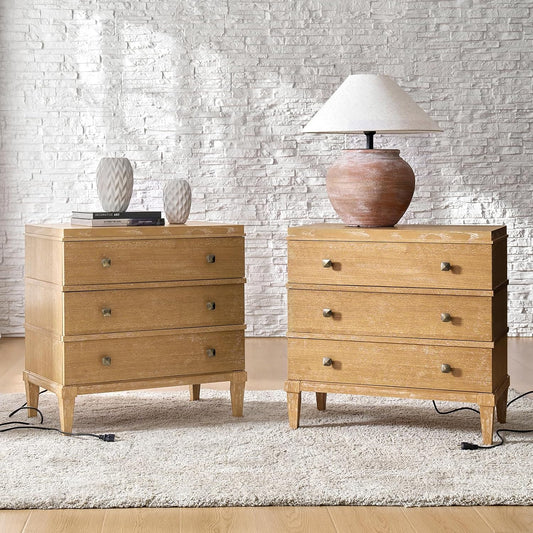 HULALA HOME 3-Drawer Nightstand with Charge Station, Farmhouse Nightstand with Solid Wood Legs, Set of 2(Acorn)