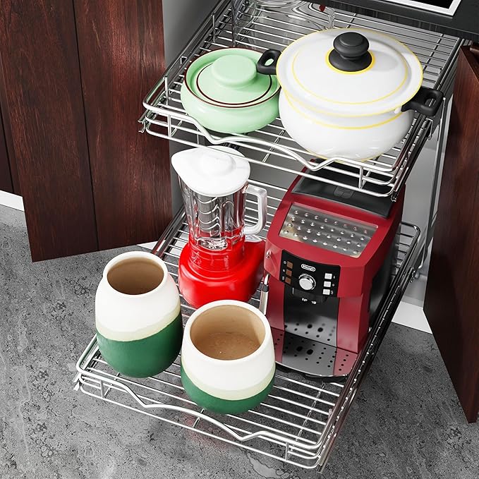 HOLDN’ STORAGE Two Tier Pull Out Cabinet Organizer, Individual Sliding Drawers - Heavy Duty Metal with Lifetime Limited Warranty - Anti Rust Chrome Finish - 15.5" W x 21”D x 16.5" H