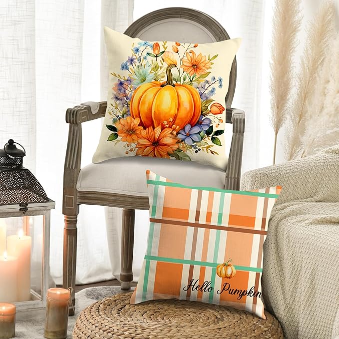 JioJio Chan Fall Pillow Covers 18x18 - Autumn Thanksgiving Pumpkin Throw Pillow Covers for Sofa Couch Set of 4, Hello Pumpkin Hello Fall Decoration for Home Bedroom Living Room Decor Outdoor Indoor