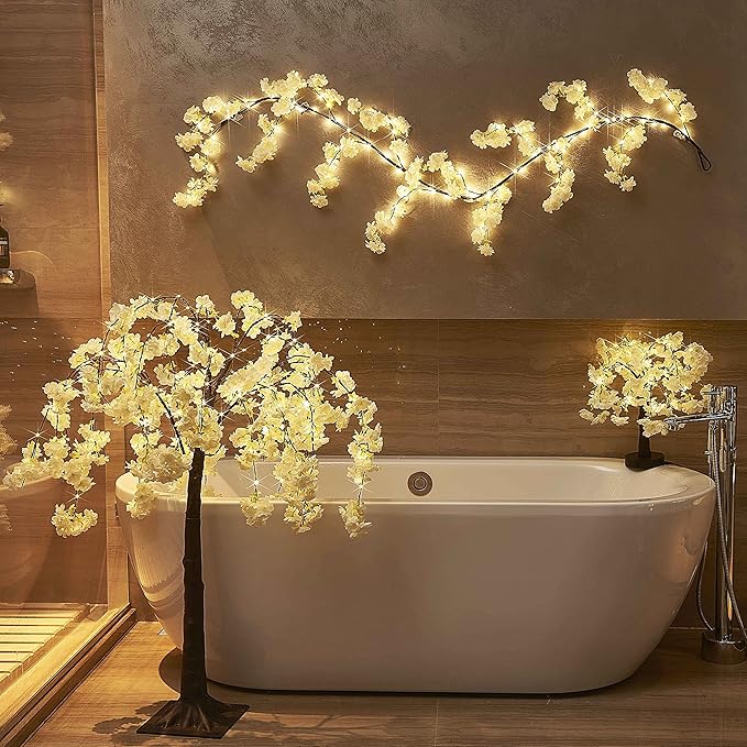 LITBLOOM Cherry Blossom Garland with Lights Battery Operated with Timer 96 Fairy Lights 6FT, Lighted White Flower Garland for Mantle Fireplace Wedding Party Spring Decoration Indoor Outdoor