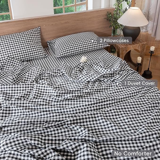 MooMee Gingham Duvet Cover Set 100% Washed Cotton Linen Like Textured Breathable Durable Soft Comfy Modern Checkered Design (Black White Gingham, Palatial King/Oversized King 120"x98")