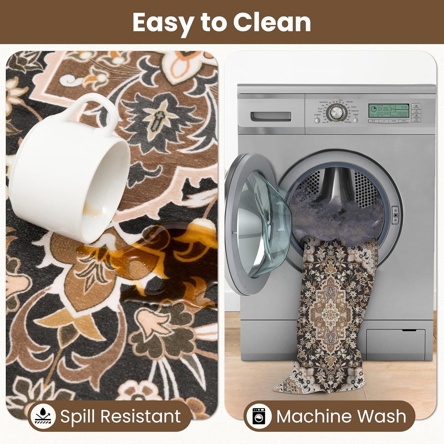 Washable Runner Rug 2x6 | Non Slip Rug Runners for Hallways, Entryways, Kitchens, Bathrooms, Bedrooms | Ultra-Soft Flannel Carpet Runners with Rubber Backing (Cream Black Brown, 2x6)