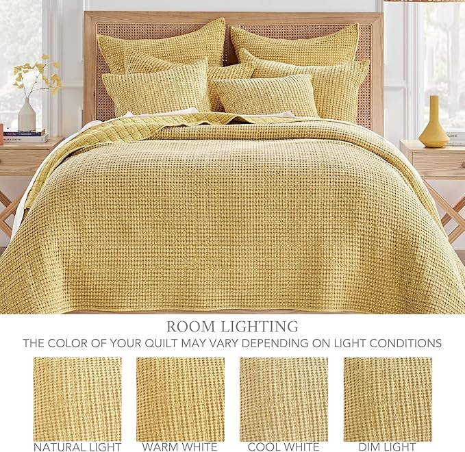 Levtex Home Mills Waffle Queen Bedspread Set (106x106in) with 2 Pillow Shams (26x20in) - Ochre - Cotton Waffle Queen Size Bedspread Set - Lightweight, Soft, Pre-Washed