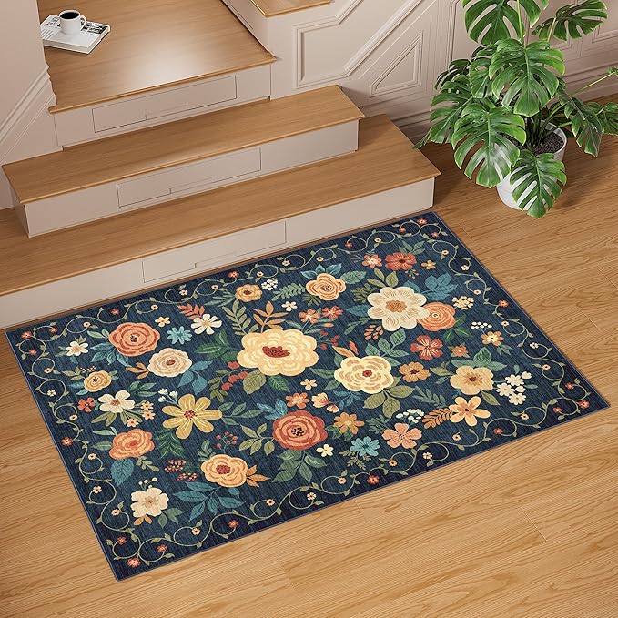 DUKINO 3x5 Area Rug, Floral Rugs for Living Room, Lightweight Non Slip Washable Rug, Indoor Low Pile & Non-Shedding Boho Design Rugs for Bedroom, Living Room, Dining Room, Dark Blue