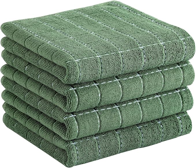 Homaxy 100% Cotton Terry Kitchen Towels(Grass Green, 13 x 28 inches), Checkered Designed, Soft and Super Absorbent Dish Towels, 4 Pack