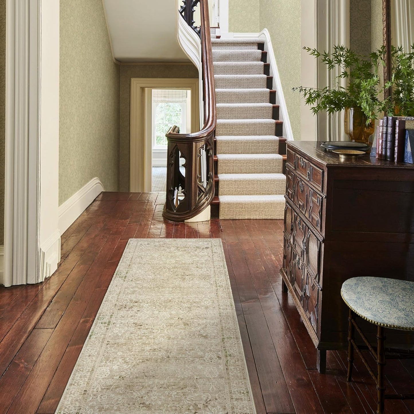 Neutral Farmhouse Hallway Rug Runner 2x6 Washable Non Slip Rubber Backing Vintage Modern Boho Runners Rugs for Entryway Indoor Kitchen Bathroom,Tan Brown and Cream Beige