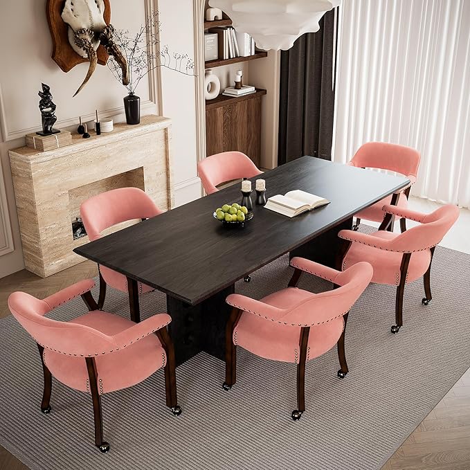 MODERION Dinning Chairs with Wheels and Arms Set of 6, Solid Wood Office Desk Chairs with Frosted Velvet Upholstered, Classic Swivel Accent Chairs,31.5" H Boss Caption's Chair, Pink XXY-HT22-PI