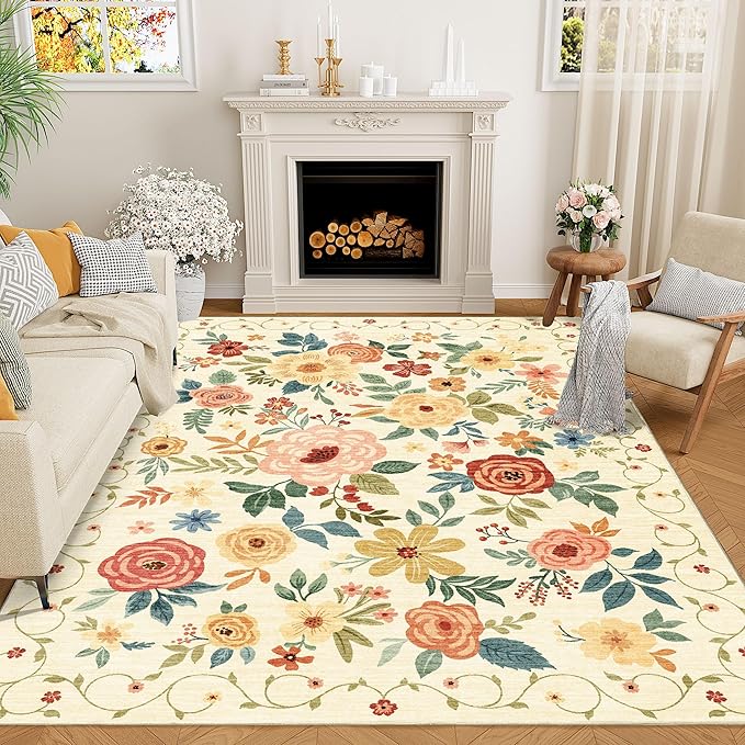 DUKINO 6x9 Area Rug, Floral Rugs for Living Room, Lightweight Non Slip Washable Rug, Indoor Low Pile & Non-Shedding Boho Design Rugs for Bedroom, Living Room, Dining Room, Beige Yellow