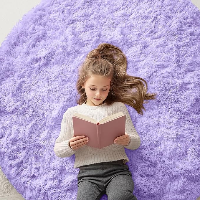OLANLY Light Purple Round Rugs for Bedroom - Machine Washable, 5 ft Circle Area Rugs for Living Room, Soft and Fluffy Shaggy Carpet for Teen Girls and Boys, Nursery Rooms, Dorms, Home Decor Aesthetic