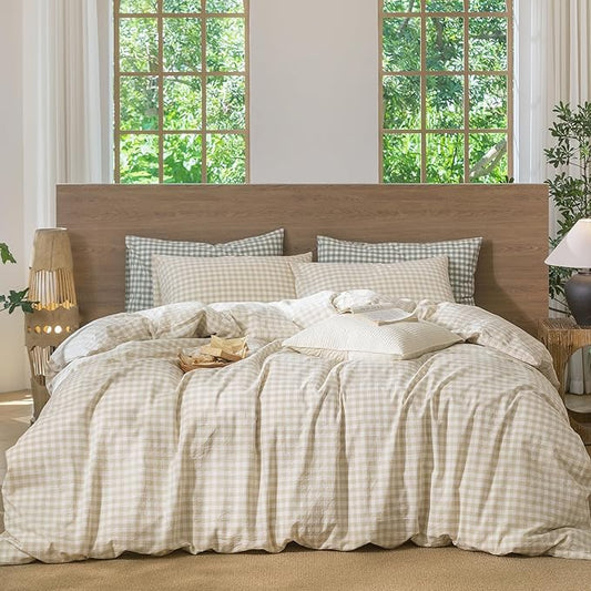 MooMee Gingham Duvet Cover Set 100% Washed Cotton Linen Like Textured Breathable Durable Soft Comfy Modern Checkered Design (Almond Milk Grey Gingham, Super King 108"x98")
