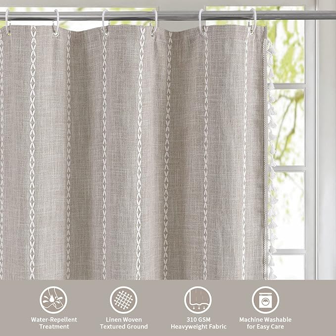 MitoVilla Boho Farmhouse Fabric Shower Curtain, Tan Brown Modern Polyester Linen Shower Curtains for Vintage Rustic Bathroom Decor, Country Tassel Thick Cloth Shower Curtain, Taupe, 72 x 72