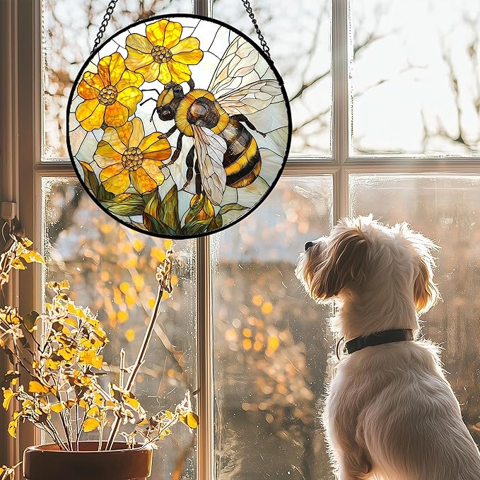 Stained Glass Window Hanging - Yellow Bees Gathering Flowers Sun Catcher for Door Garden Home Decor Cute Suncatcher Christmas Mother's Day Birthday Gifts for Women Men Mom Nana 15 in