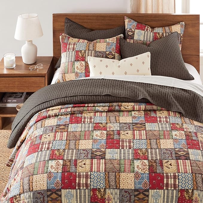 Levtex Home Cross Stitch Reversible Twin XL/Twin Quilt Set (68x86in) with 1 Pillow Sham (26x20in) - Stitch Texture - Cocoa - 100% Cotton Twin Size Quilt Bedding Set - Lightweight, Soft, Pre-Washed