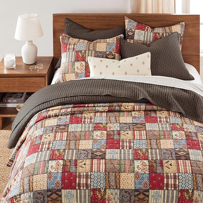Levtex Home Cross Stitch Reversible Full/Queen Quilt Set (88x92in) with 2 Pillow Shams (26x20in) - Stitch Texture - Cocoa - Cotton Full/Queen Size Quilt Bedding Set - Lightweight, Soft, Pre-Washed