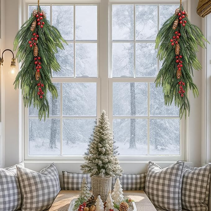 2 Pcs Artificial Christmas Teardrop Swag with Berries and Pinecones, Faux Berry Pine Branch Teardrop Door Swag, Real Touch Norfolk Wreath Greenery Staircase Swags for Xmas Door Mantle Fireplace Decor