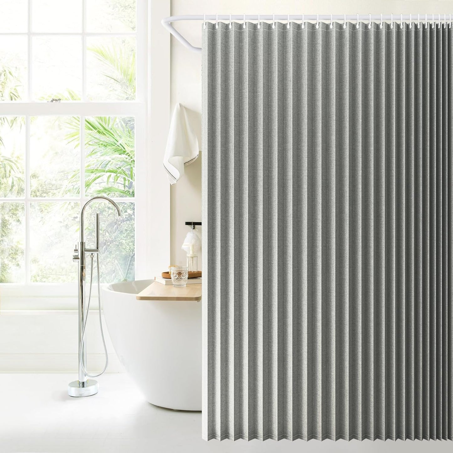 Jubilantex Folding Linen Shower Curtain for Bathroom Grey Waterproof Shower Curtain 1 Panel with 14 Metal Grommets and 1 Tie Back for Hotel,70"x70"