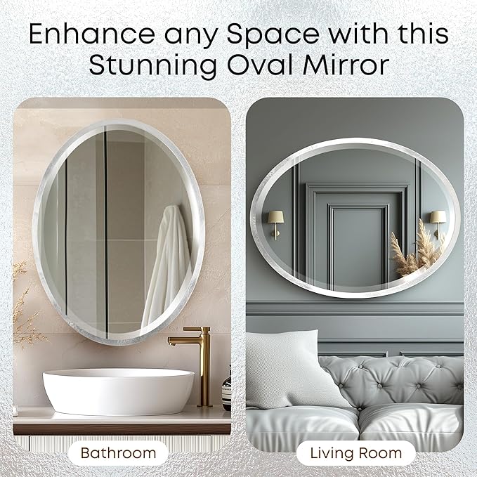 OVALCREST - Oval Wooden Beveled Wall Mirror for Home Decor, Bathroom, Vanity, Bedroom, Living Room, Hallway - London Style (Silver Leaf with Brown Antique) 31.1 x 41.1