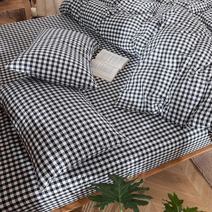 MooMee Gingham Duvet Cover Set 100% Washed Cotton Linen Like Textured Breathable Durable Soft Comfy Modern Checkered Design (Black White Gingham, Cal King 104"x98")