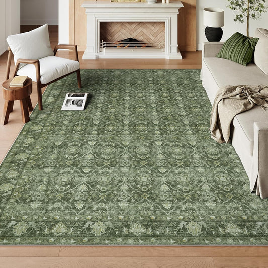 Vintage Green Area Rug 8x10 for Living Room, Washable Boho Moroccan Bedroom Rug with Ruber Backing, Stain Resistant Large Carpet for Dining Room Office Home Apartment (8'x10', Dark Green)